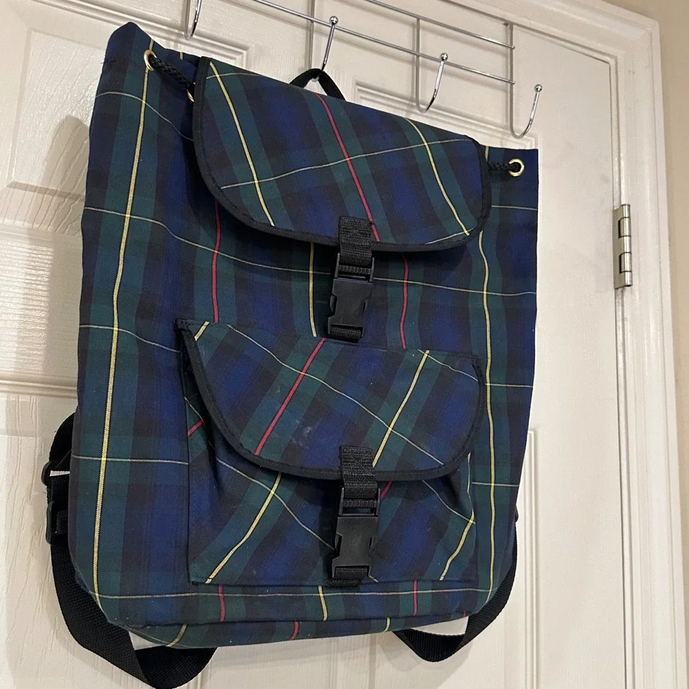 Vintage Plaid Backpack Navy Green Tartan School Bag Buckle Closure Large
